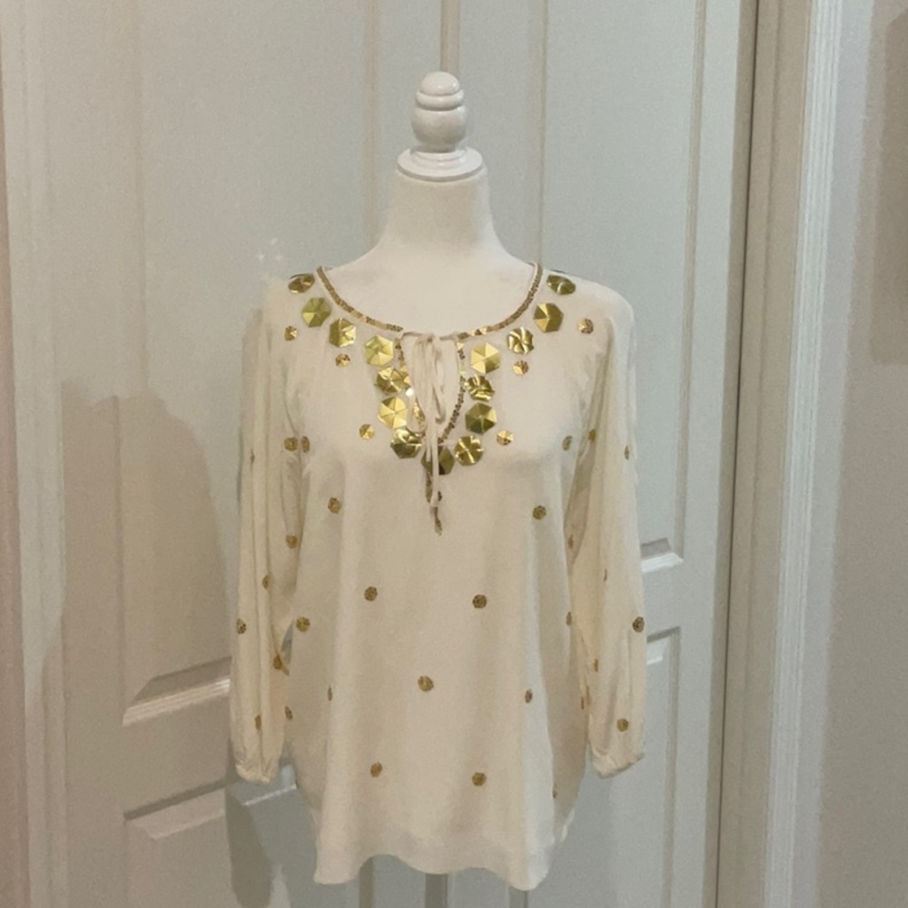 Magaschoni Cream Blouse with Tie Front and Embellished Neckline